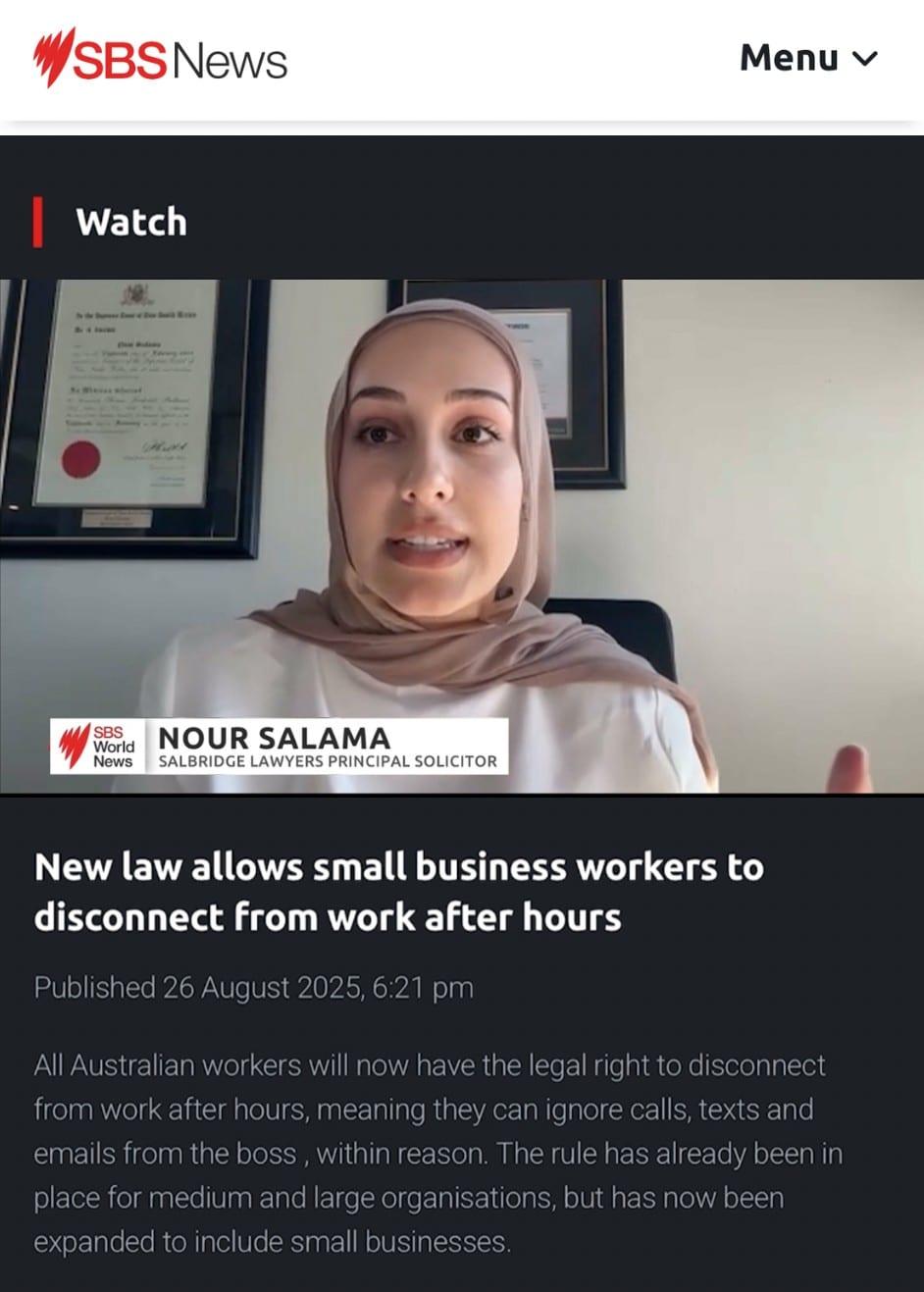 Nour Salama featured on SBS News discussing the Right to Disconnect laws